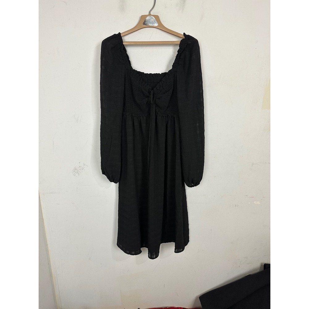 Forever 21+ Black Smocked Tie Front Long Sleeve Textured Midi Dress Plus Size